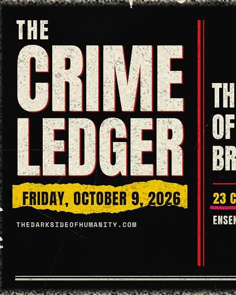 The Crime Ledger, Friday, October 9, 2026, from The Dark Side of Humanity. A type-only newspaper front page printed in black ink with a fold across the middle. On the left, a stacked cream masthead reads THE CRIME LEDGER, above a torn yellow strip with the date, FRIDAY, OCTOBER 9, 2026, and THEDARKSIDEOFHUMANITY.COM. A red double column rule divides the page. On the right, the main headline in large cream condensed capitals reads THREE MEN CONVICTED OF MURDERING ROBINSON BROTHERS AND CARTER RHOAD. Under a thin red rule, 23 CASES is printed in yellow and underlined in hot pink, followed by ENSENADA, GHENT, MONTREAL, THE HAGUE and VÁRZEA GRANDE. No photographs. Today's 23 places, in card order: Ensenada, Mexico; Berngau, Germany; Wailuku, Hawaii; Marbella, Spain; Boston, Massachusetts; Clarksville, Tennessee; Brownsville, Texas; Ghent, Belgium; Hawick, Scotland; Horbury, England; Dublin and Co Louth, Ireland; Decatur, Georgia; Reading, Massachusetts; Baltimore, Maryland; Montreal, Quebec; Sudbury, Ontario; Saint-Brieuc, France; San Francisco, Córdoba, Argentina; Quilleco, Chile; Bainskloof Pass, South Africa; Scottsville, Kentucky; The Hague, Netherlands; Várzea Grande, Brazil.