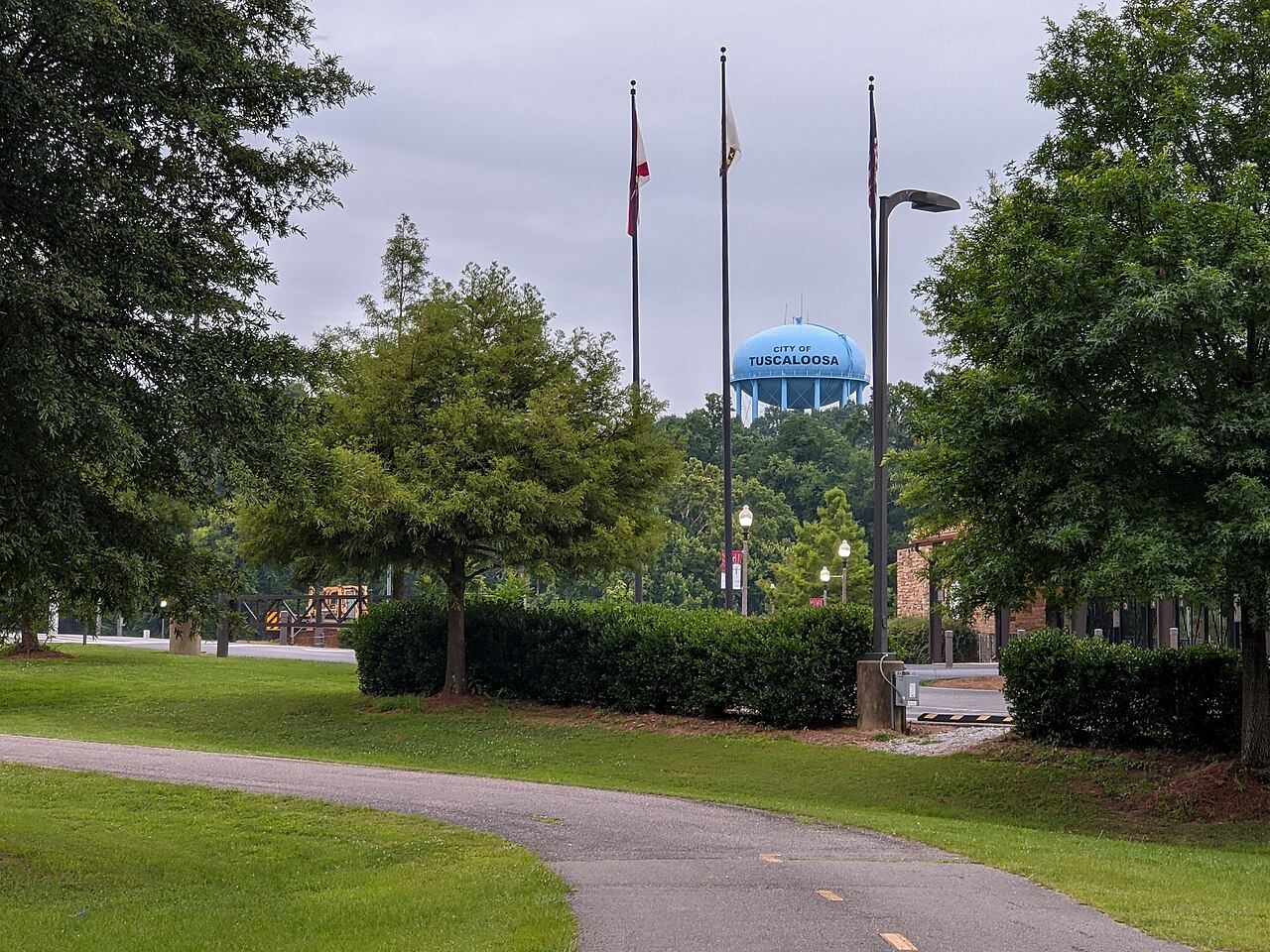 Flagpoles and water tower in Tuscaloosa