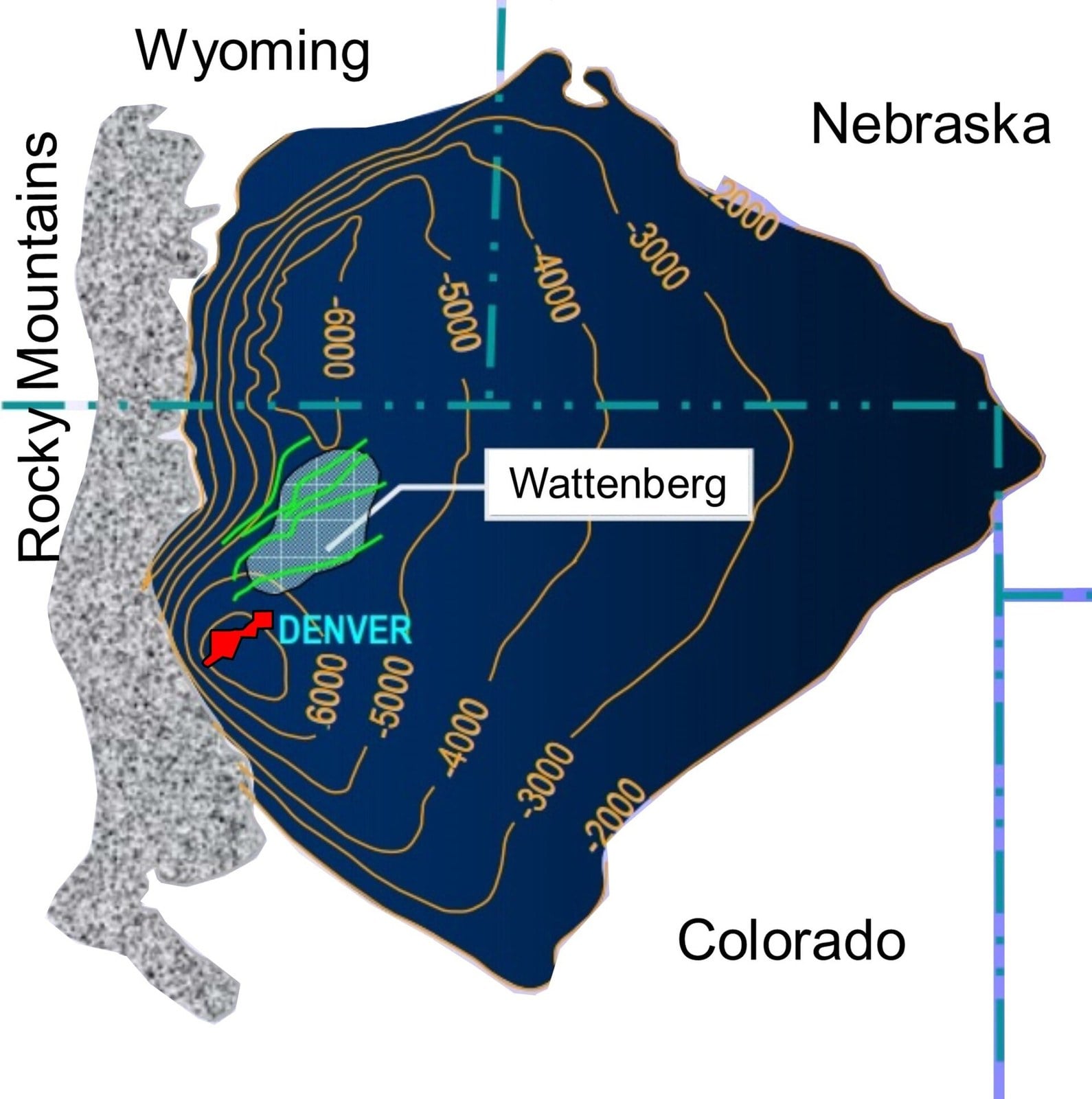 Map showing the location of the Wattenberg gas field in Colorado