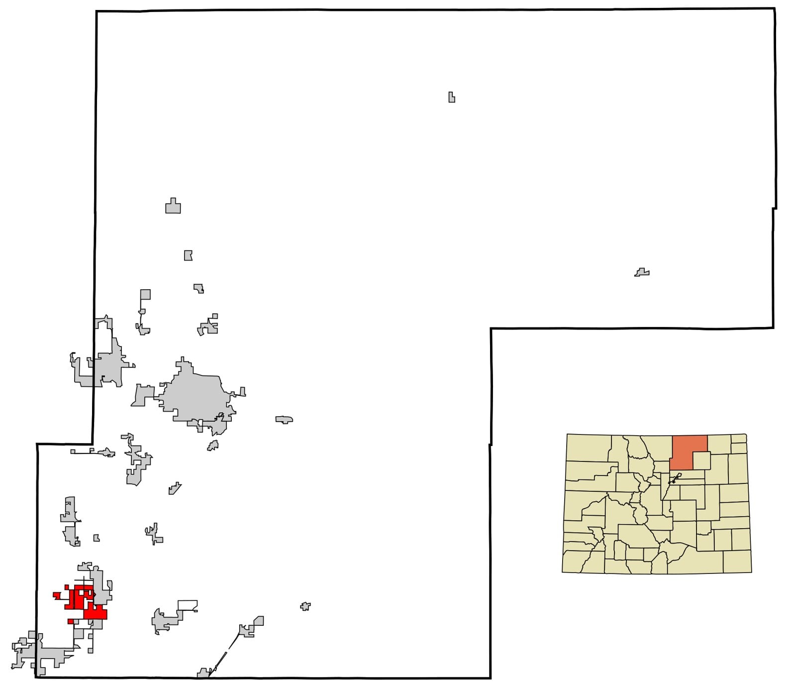 Map of Weld County, Colorado, with the town of Frederick highlighted in red