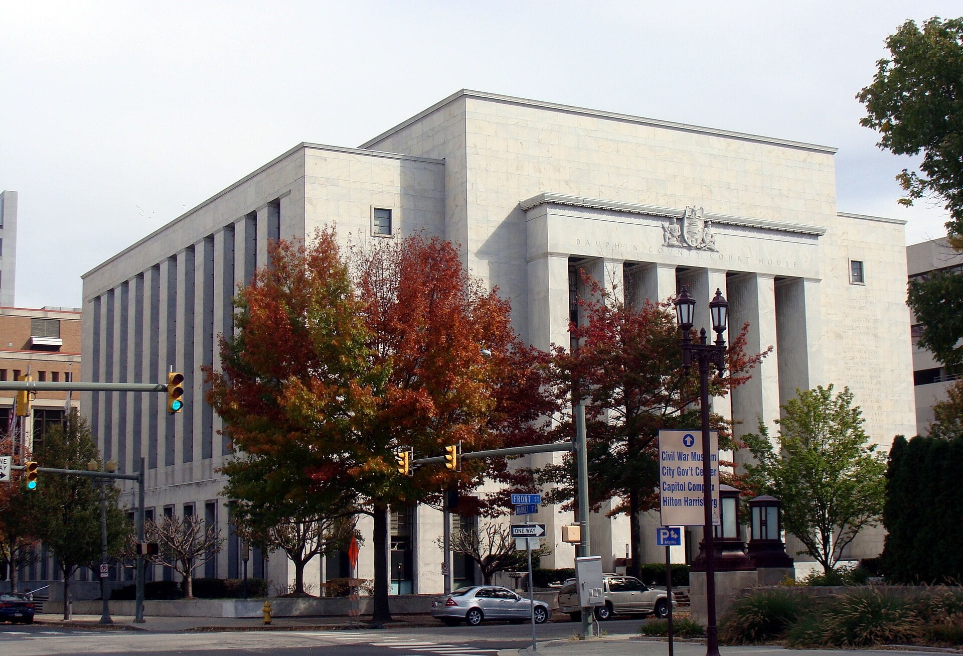The Dauphin County Courthouse, a multistory stone building in downtown Harrisburg, Pennsylvania