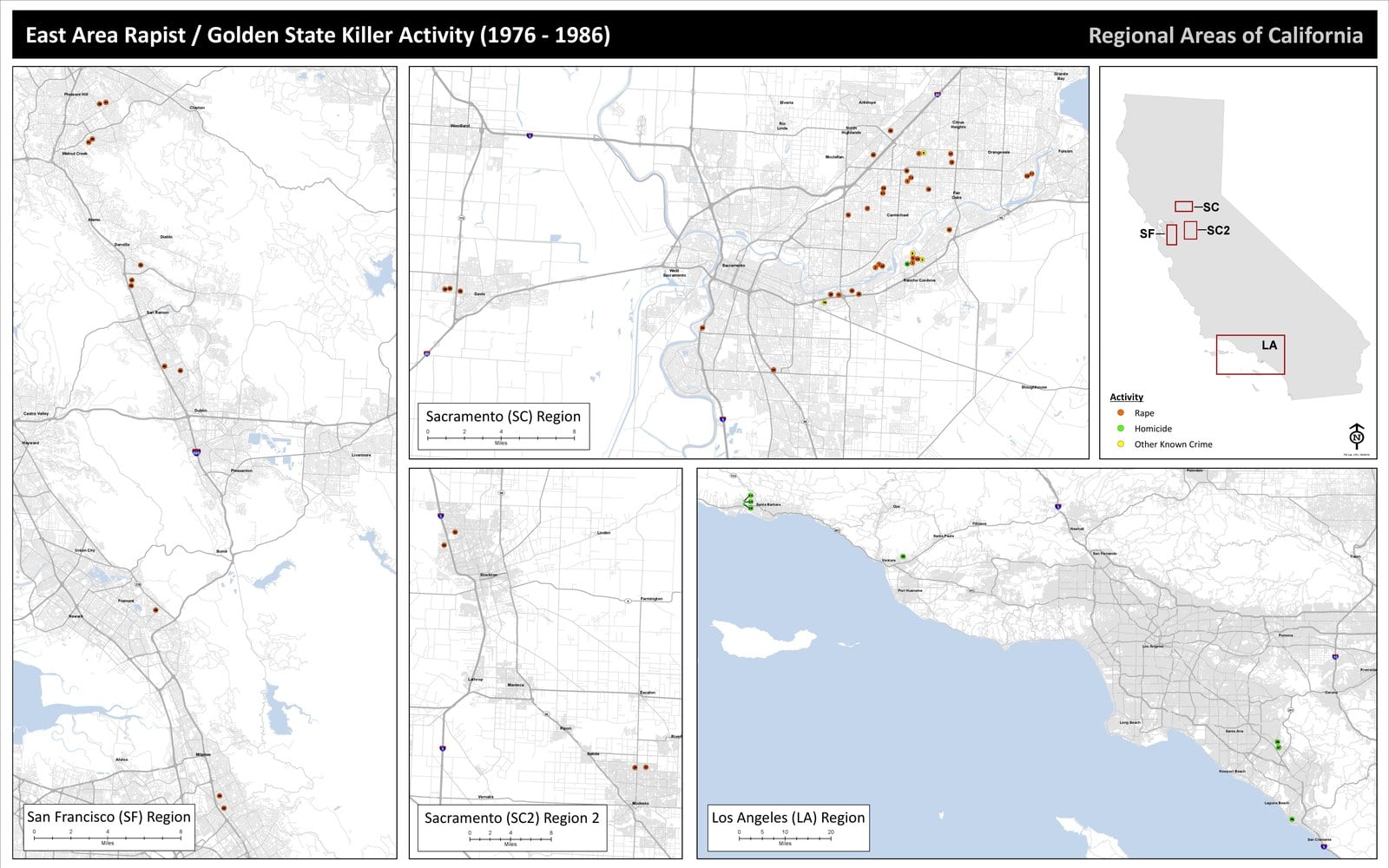 A map of California marking regional clusters of attacks attributed to the East Area Rapist/Golden State Killer from 1976 to 1986, with inset maps of the Sacramento area, the East Bay, Santa Barbara, Ventura and Orange County.