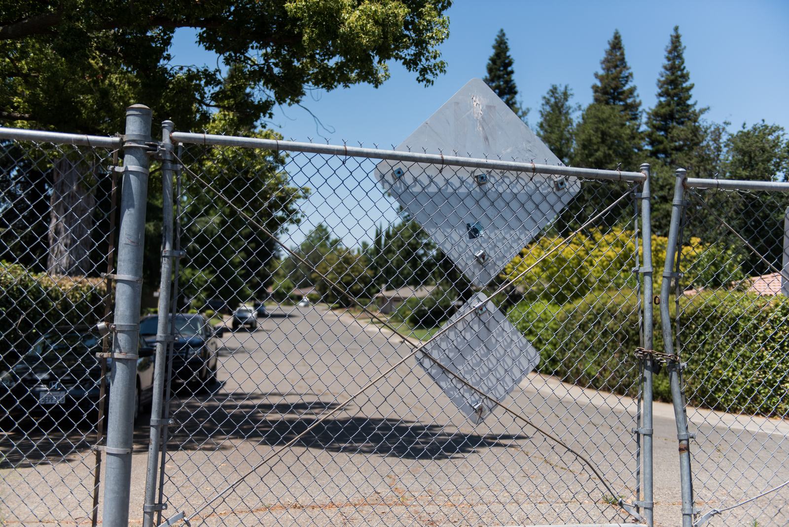 A chain-link fence and gate in front of a grassy levee path lined with tall trees in a suburban Sacramento neighborhood.