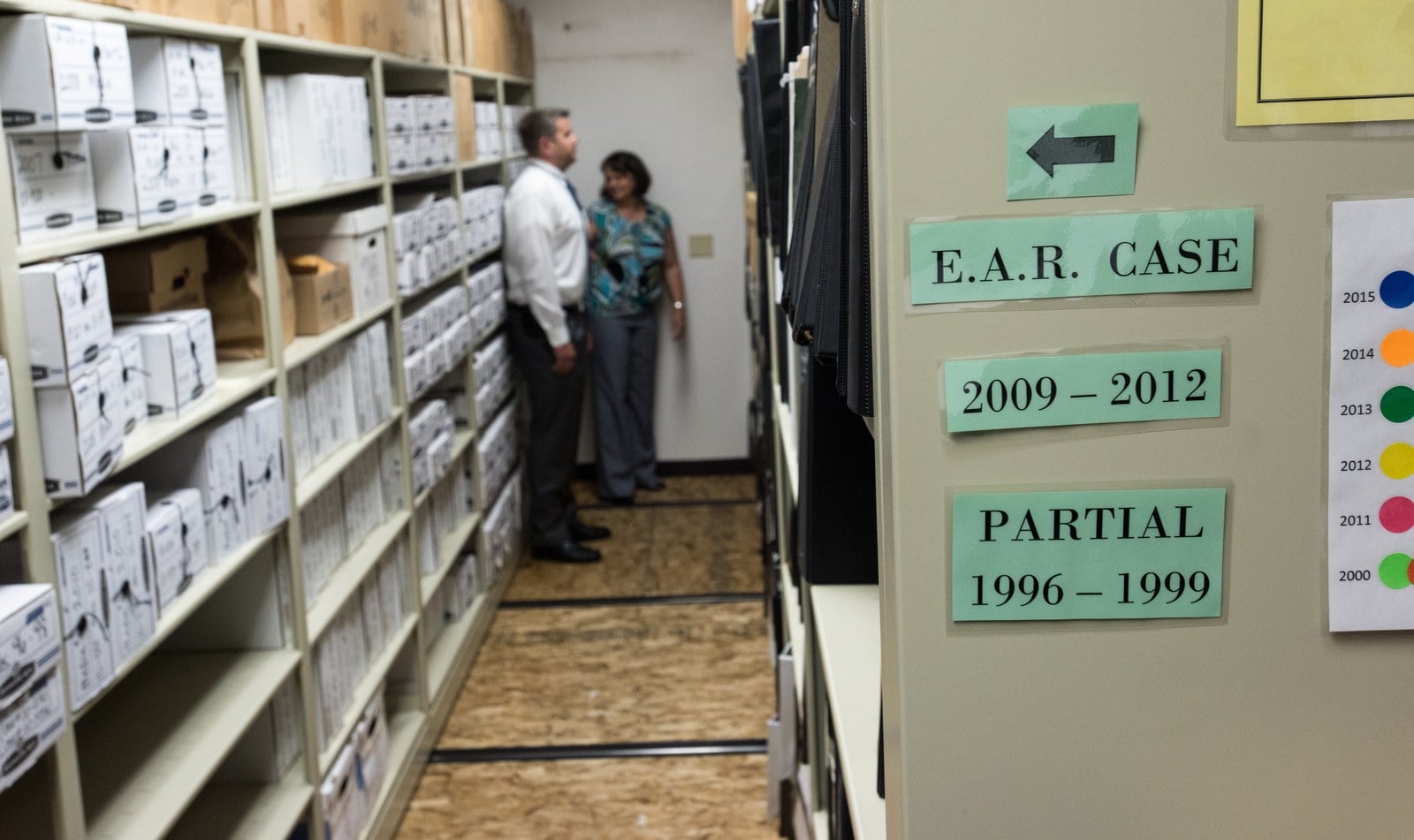 Two investigators standing between tall shelves of labeled evidence boxes in a narrow evidence room, with a sign reading E.A.R. Case on the shelving.