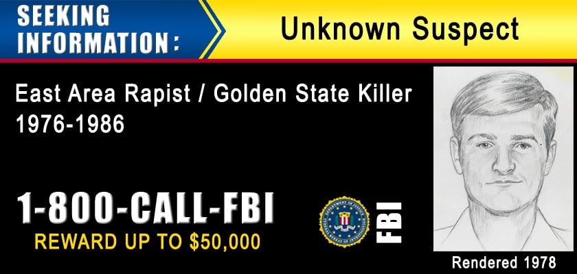 A digital billboard design with a yellow banner reading Seeking Information, Unknown Suspect, East Area Rapist / Golden State Killer 1976-1986, a phone number, a reward of up to $50,000, the FBI seal and a black-and-white composite sketch of a man.