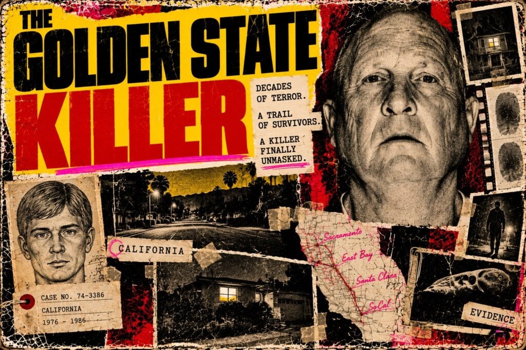 The Golden State Killer, Joseph James DeAngelo, case artwork.