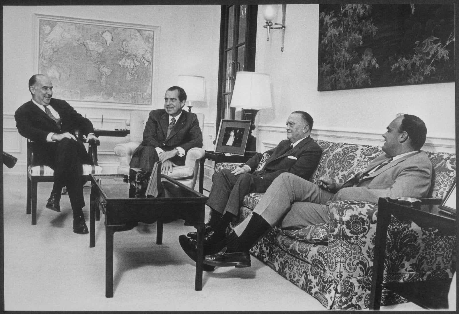 J. Edgar Hoover seated in a White House meeting with President Richard Nixon, John Mitchell and John Ehrlichman