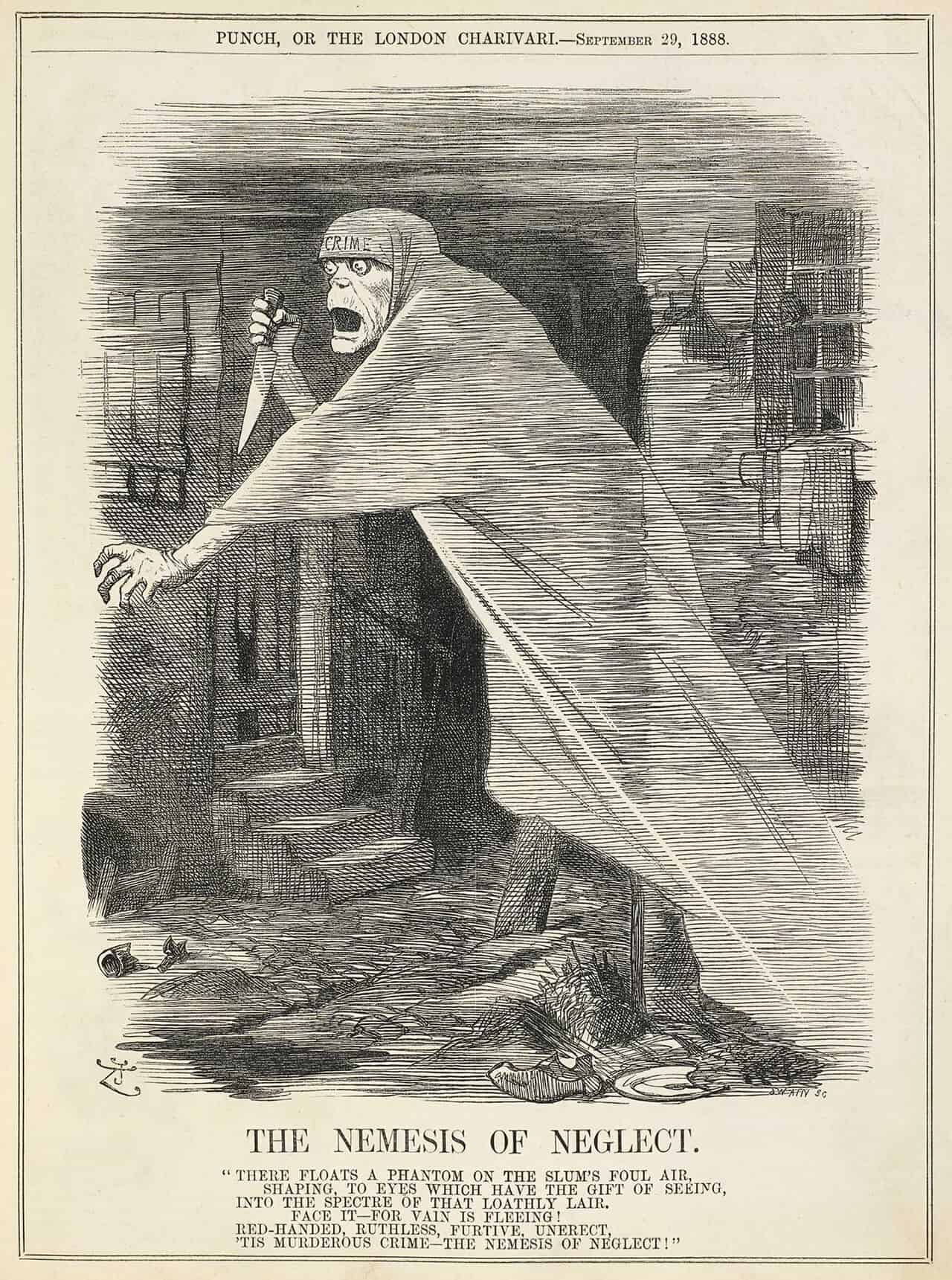 John Tenniel’s 1888 Punch cartoon ‘The Nemesis of Neglect’: a spectral knife-holding figure drifting through a Whitechapel slum street