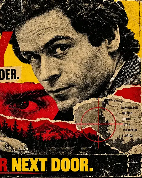 Ted Bundy case file poster with the lines Charm. Lies. Murder. and The Killer Next Door, over a halftone portrait and torn collage.