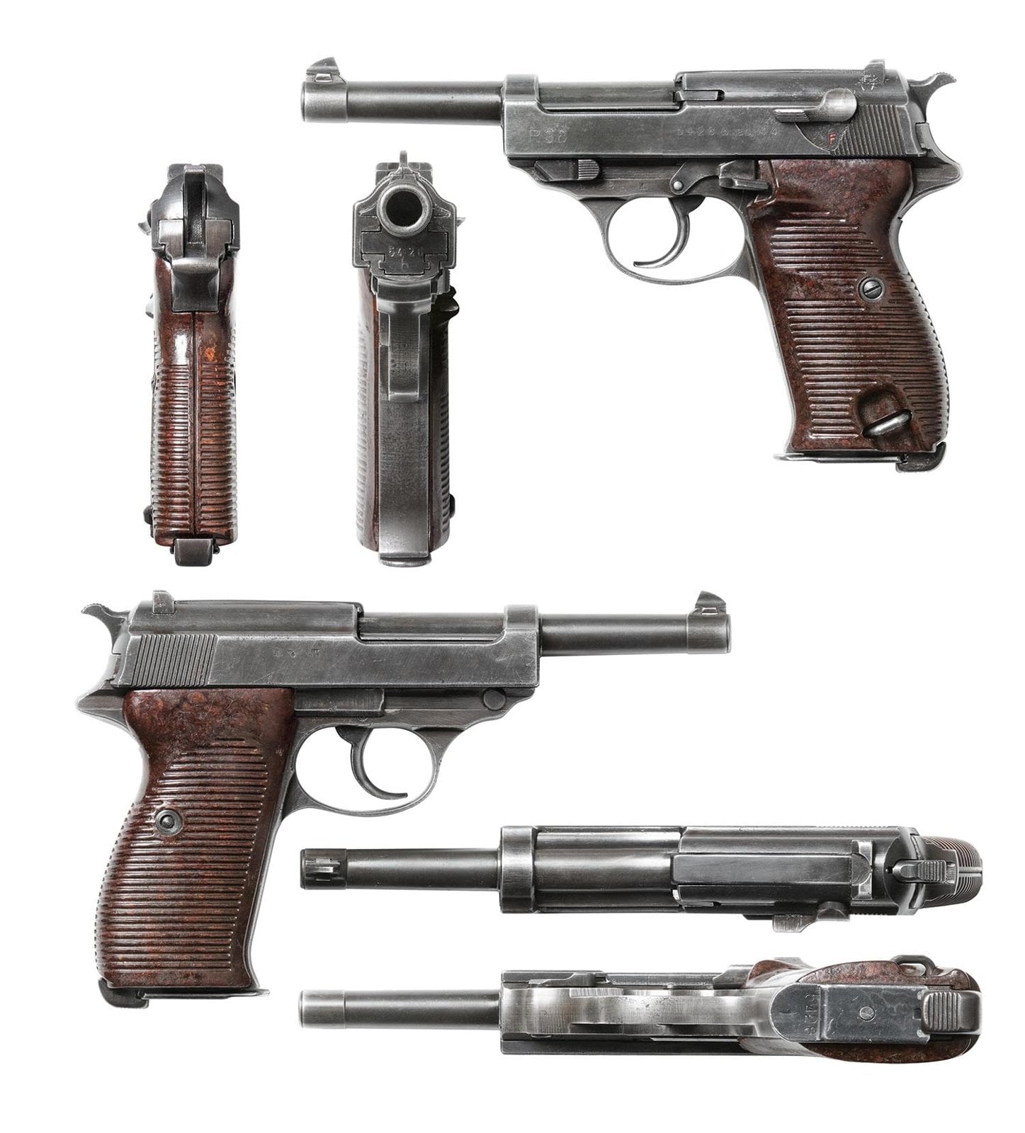 A Second World War era Walther P38 semi automatic pistol on a plain background
