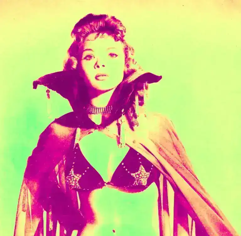 Thermal-style neon portrait of a 1950s woman with styled hair and a choker.